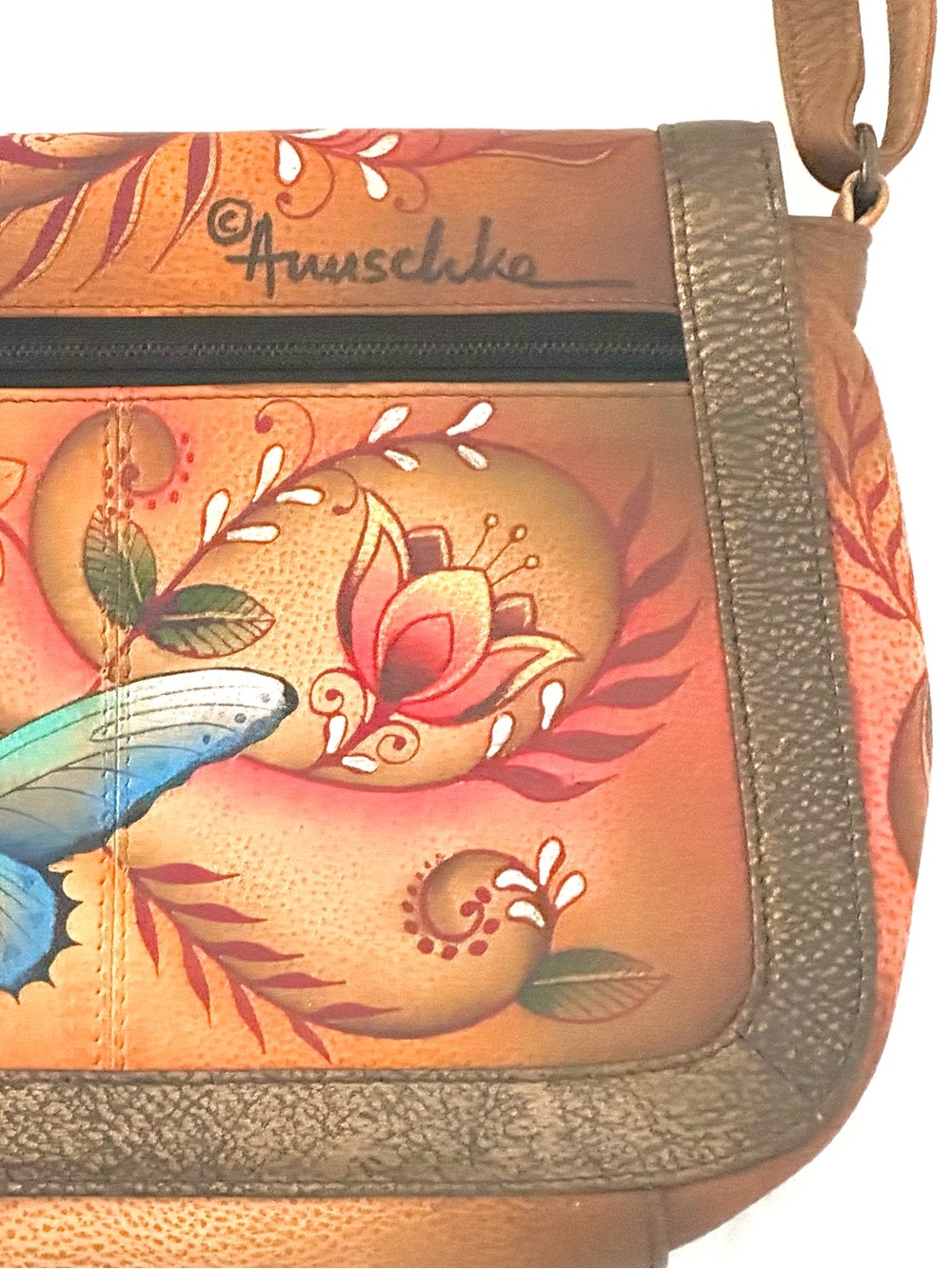 Anuschka Hand-Painted Leather Teal Hummingbird Crossbody Bag New - Picture 15 of 16